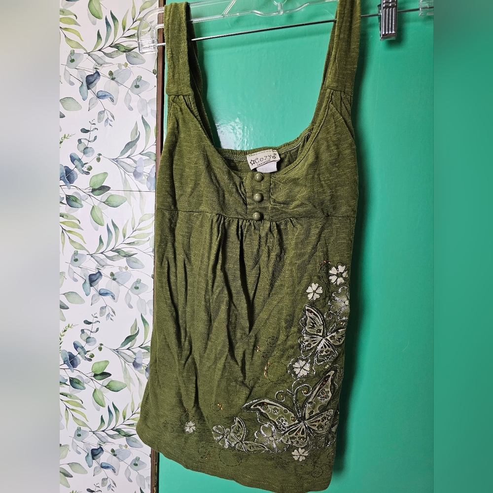 Cute Y2K green vintage tank top with embellishments S/XS